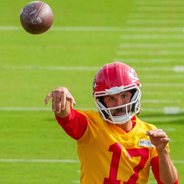 Jul 22, 2025; St. Joseph, MO, USA; Kansas City Chiefs quarterback Gardner Minshew (17) throws a pass during training camp at Missouri Western State University. Mandatory Credit: Denny Medley-Imagn Images