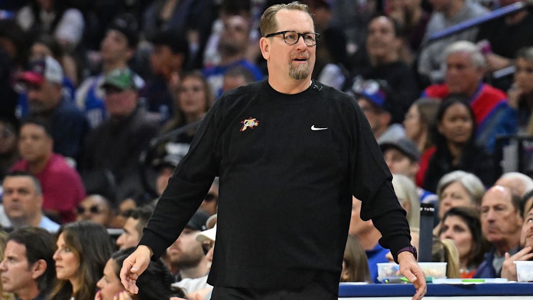 Apr 24, 2026; Philadelphia, Pennsylvania, USA; Philadelphia 76ers head coach Nick Nurse against the Boston Celtics during the first half at Xfinity Mobile Arena. Mandatory Credit: Eric Hartline-Imagn Images