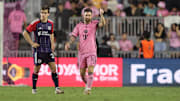 Oct 19, 2024; Fort Lauderdale, Florida, USA;  Inter Miami CF forward Lionel Messi (10) celebrates scoring during the second half against the New England Revolution at Chase Stadium. Mandatory Credit: Sam Navarro-Imagn Images