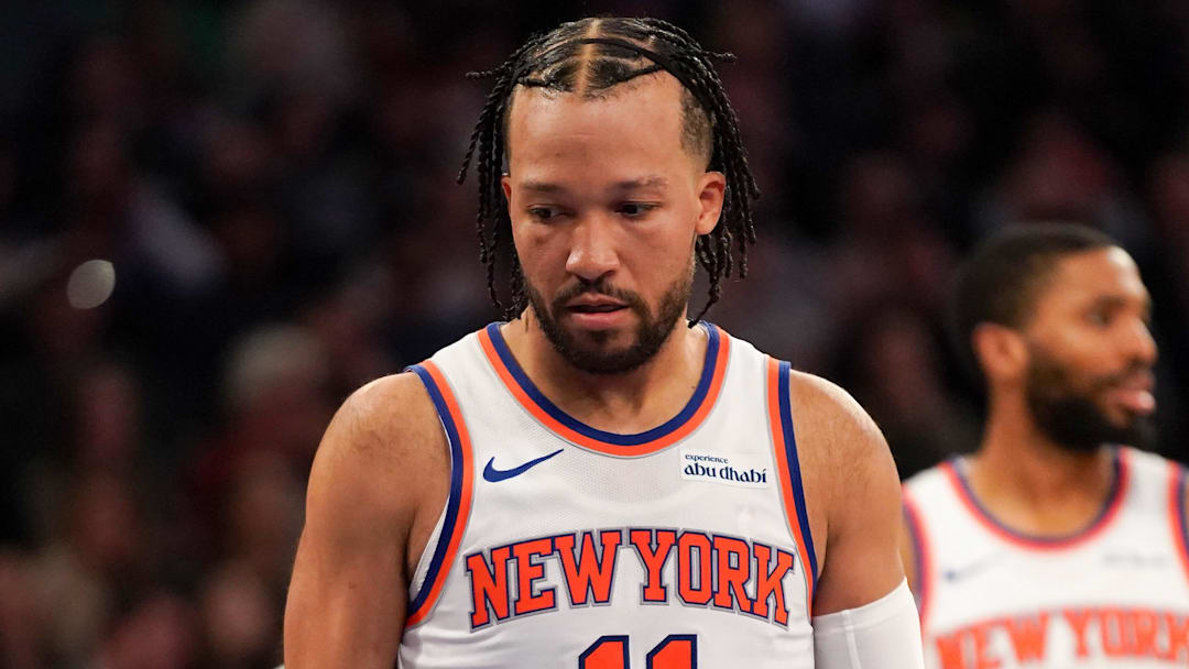 Apr 9, 2026; New York, New York, USA; New York Knicks guard Jalen Brunson (11) reacts during the fourth quarter against the Boston Celtics at Madison Square Garden. Mandatory Credit: Lucas Boland-Imagn Images Apr 9, 2026; New York, New York, USA; New York Knicks guard Jalen Brunson (11) reacts during the fourth quarter against the Boston Celtics at Madison Square Garden. Mandatory Credit: Lucas Boland-Imagn Images