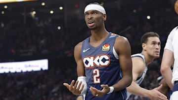 Dec 5, 2025; Oklahoma City, Oklahoma, USA; Oklahoma City Thunder guard Shai Gilgeous-Alexander (2) reacts after a call against him following a defensive play against the Dallas Mavericks during the second quarter at Paycom Center. Mandatory Credit: Alonzo Adams-Imagn Images