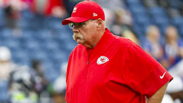 Kansas City Chiefs head coach Andy Reid watches pregame warmups against the Seattle Seahawks at Lumen Field. Mandatory Credit: Joe Nicholson-Imagn Images