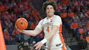 Mar 8, 2025; Clemson, SC, USA;  Clemson senior forward Ian Schieffelin (4) saves a ball from going out of bounds playing Virginia Tech, during the first half at Littlejohn Coliseum in Clemson, S.C Saturday, March 8, 2025. 