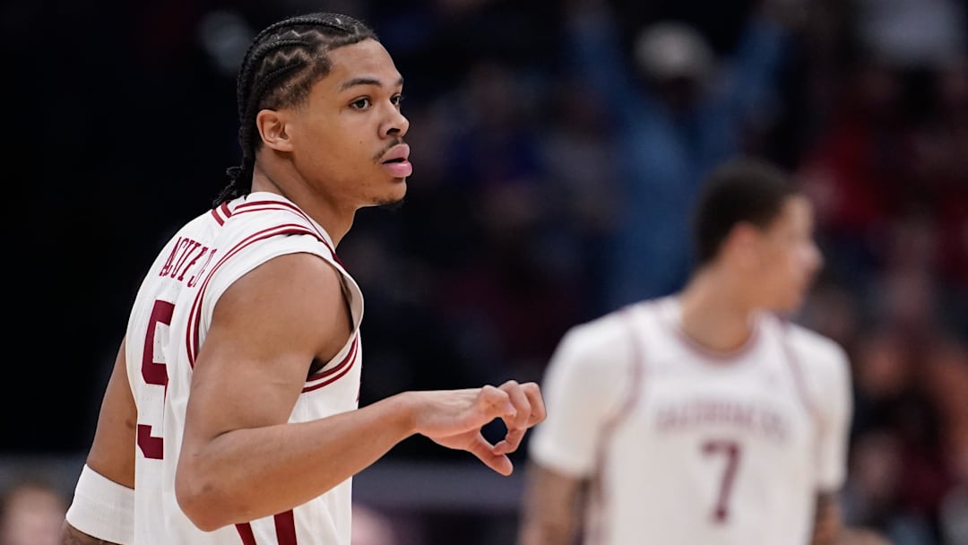Arkansas guard Darius Acuff Jr. (5) celebrates a three-pointer during the first half of the SEC tournament championship game against Vanderbilt at Bridgestone Arena in Nashville, Tenn., Sunday, March 15, 2026. Arkansas guard Darius Acuff Jr. (5) celebrates a three-pointer during the first half of the SEC tournament championship game against Vanderbilt at Bridgestone Arena in Nashville, Tenn., Sunday, March 15, 2026.