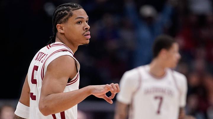Arkansas guard Darius Acuff Jr. (5) celebrates a three-pointer during the first half of the SEC tournament championship game against Vanderbilt at Bridgestone Arena in Nashville, Tenn., Sunday, March 15, 2026.