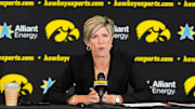 Iowa head coach Jan Jensen fields questions from journalists during the Iowa women’s basketball media day Oct. 14, 2025 at Carver-Hawkeye Arena in Iowa City, Iowa.