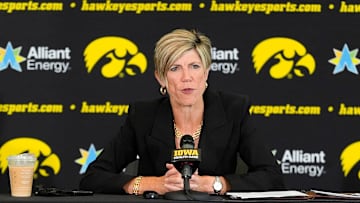 Iowa head coach Jan Jensen fields questions from journalists during the Iowa women’s basketball media day Oct. 14, 2025 at Carver-Hawkeye Arena in Iowa City, Iowa.
