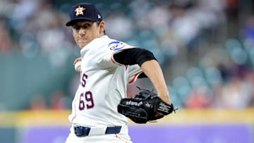 Houston Astros starting pitcher AJ Blubaugh (69) delivers a pitch against the Detroit Tigers during the first inning at Daikin Park.