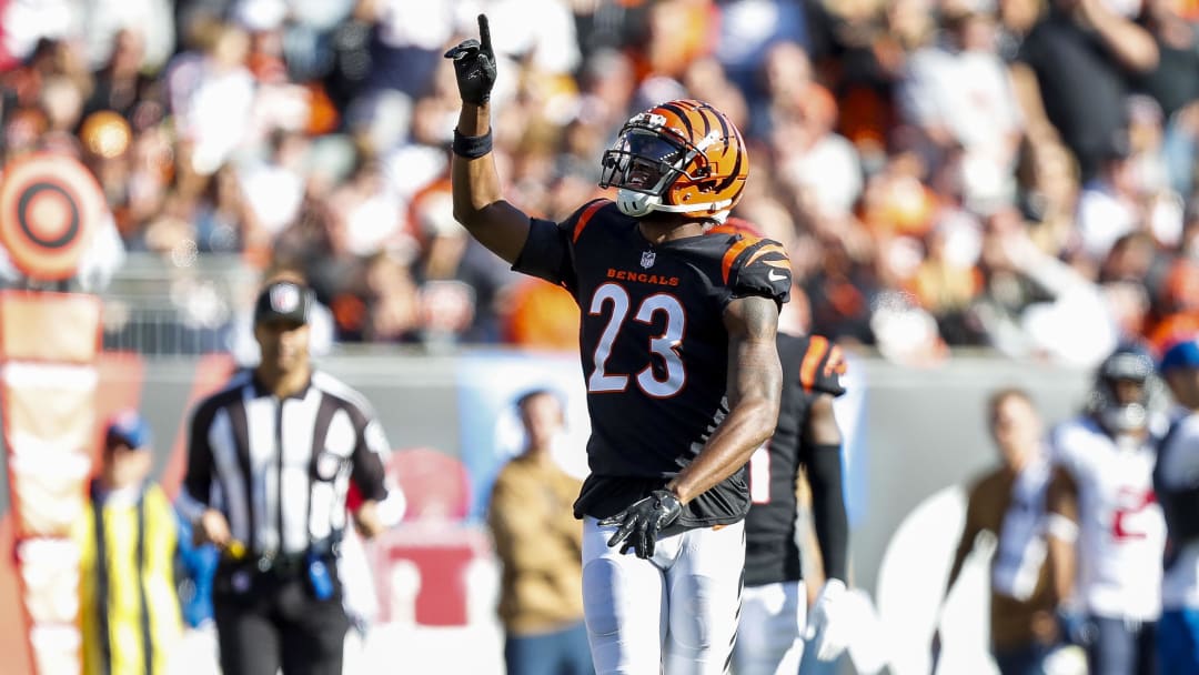 Nov 12, 2023; Cincinnati, Ohio, USA; Cincinnati Bengals safety Dax Hill (23) reacts after breaking up a pass intended for Houston Texans wide receiver Tank Dell (3) in the first half at Paycor Stadium. Mandatory Credit: Katie Stratman-USA TODAY Sports