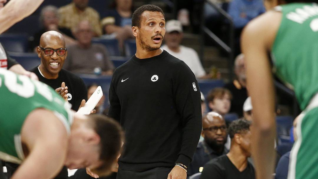 Oct 8, 2025; Memphis, Tennessee, USA; Boston Celtics head coach Joe Mazzulla reacts during the third quarter against the Memphis Grizzlies at FedExForum. Mandatory Credit: Petre Thomas-Imagn Images