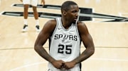 Oct 10, 2025; San Antonio, Texas, USA; San Antonio Spurs forward David Jones Garcia (25) reacts after scoring during the second half against the Utah Jazz at Frost Bank Center.