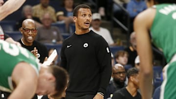 Oct 8, 2025; Memphis, Tennessee, USA; Boston Celtics head coach Joe Mazzulla reacts during the third quarter against the Memphis Grizzlies at FedExForum. Mandatory Credit: Petre Thomas-Imagn Images