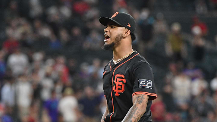 Jul 2, 2025; Phoenix, Arizona, USA;  San Francisco Giants pitcher Camilo Doval (75) celebrates  after beating the Arizona Diamondbacks in the tenth inning at Chase Field. Mandatory Credit: Matt Kartozian-Imagn Images