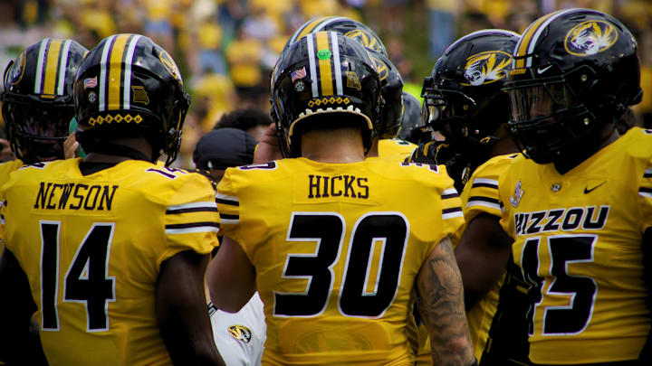 Sep 14, 2024; Columbia, Missouri, USA; The Missouri Tigers' defense huddles before a play against the Boston College Eagles at Faurot Field at Memorial Stadium. 