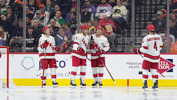 Mar 15, 2025; Philadelphia, Pennsylvania, USA; Carolina Hurricanes left wing Taylor Hall (71) celebrates with teammates after scoring a goal against the Philadelphia Flyers in the second period at Wells Fargo Center. Mandatory Credit: Kyle Ross-Imagn Images