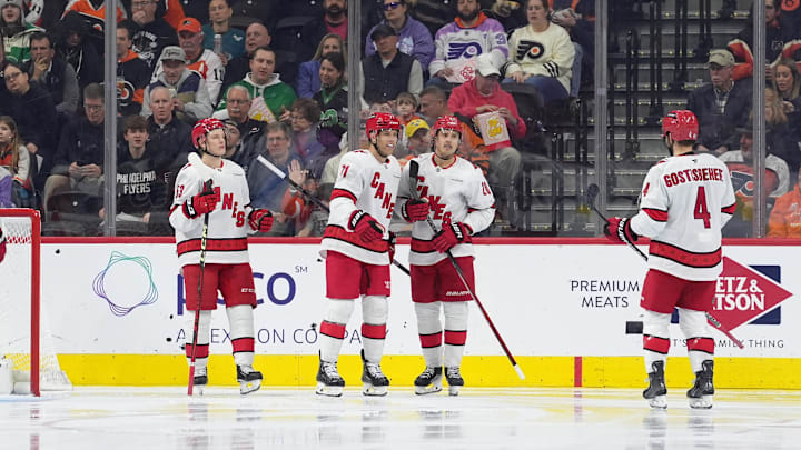 Mar 15, 2025; Philadelphia, Pennsylvania, USA; Carolina Hurricanes left wing Taylor Hall (71) celebrates with teammates after scoring a goal against the Philadelphia Flyers in the second period at Wells Fargo Center. Mandatory Credit: Kyle Ross-Imagn Images
