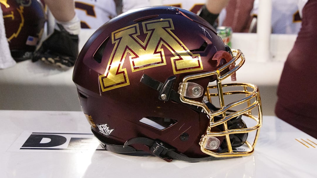 Nov 26, 2022; Madison, Wisconsin, USA;  A Minnesota Golden Gophers helmet sits on the sidelines during the game against the Wisconsin Badgers at Camp Randall Stadium.