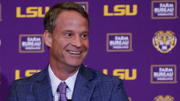 Dec 1, 2025; Baton Rouge, LA, USA; LSU new head coach Lane Kiffin speaks at South Stadium Club at Tiger Stadium. Mandatory Credit: Matthew Hinton-Imagn Images