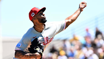 Mar 18, 2025; Bradenton, Florida, USA; Philadelphia Phillies starting pitcher Christopher Sanchez (61) throws a pitch in the first inning against the Pittsburgh Pirates during spring training at LECOM Park. 