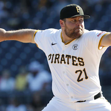Sep 15, 2024; Pittsburgh, Pennsylvania, USA;  Pittsburgh Pirates relief pitcher David Bednar (51) pitches against the Kansas City Royals during the eighth inning at PNC Park. Mandatory Credit: Charles LeClaire-Imagn Images