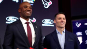 Feb 2, 2023; Houston, TX, USA; Houston Texans head coach Demeco Ryans (center) holds a jersey while posing for a photo with owner Cal McNair (left) and general manager Nick Caserio (right) during the introductory press conference at NRG Stadium. Mandatory Credit: Erik Williams-USA TODAY Sports