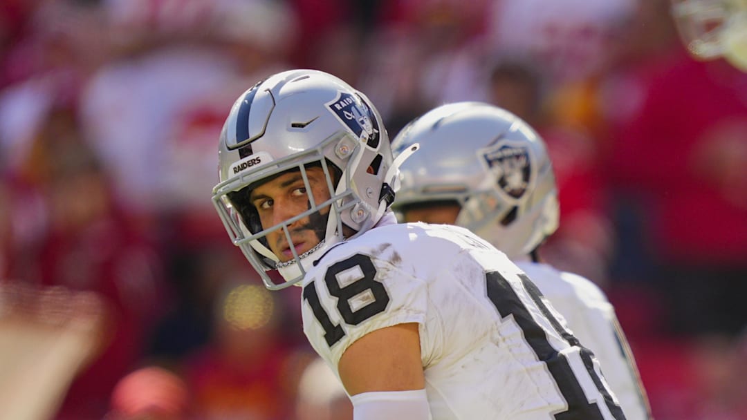 Oct 19, 2025; Kansas City, Missouri, USA; Las Vegas Raiders wide receiver Jack Bech (18) gets ready prior to the snap during the second half against the Kansas City Chiefs at GEHA Field at Arrowhead Stadium. Mandatory Credit: Jay Biggerstaff-Imagn Images