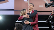 Jun 25, 2025; Brooklyn, NY, USA;  Jeremiah Fears celebrates with family after being selected as the seventh pick by the New Orleans Pelicans in the first round of the 2025 NBA Draft at Barclays Center. Mandatory Credit: Brad Penner-Imagn Images
