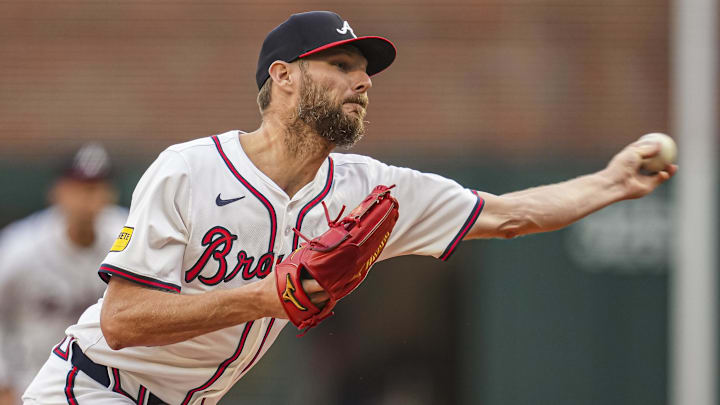 May 14, 2024; Cumberland, Georgia, USA; Atlanta Braves starting pitcher Chris Sale (51) pitches against the Chicago Cubs during the first inning at Truist Park.