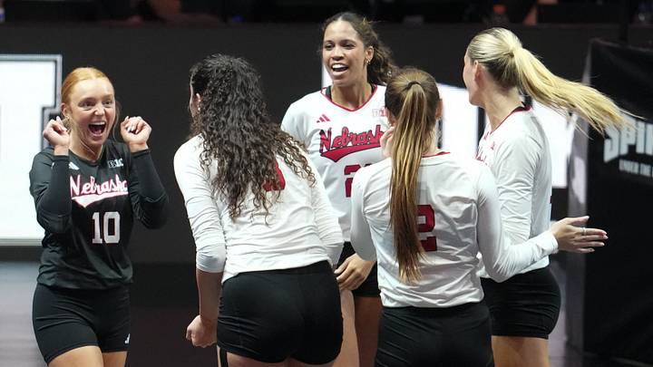Aug 27, 2026; Arlington, TX, USA; Nebraska Cornhuskers players celebrate a point during their volleyball match against the SMU Mustangs at AT&T Stadium. Mandatory Credit: Chris Jones-Imagn Images Aug 27, 2026; Arlington, TX, USA; Nebraska Cornhuskers players celebrate a point during their volleyball match against the SMU Mustangs at AT&T Stadium. Mandatory Credit: Chris Jones-Imagn Images