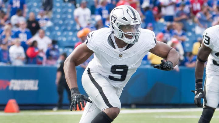 Sep 17, 2023; Orchard Park, New York, USA; Las Vegas Raiders defensive end Tyree Wilson (9) rushes against the Buffalo Bills in the fourth quarter at Highmark Stadium. Mandatory Credit: Mark Konezny-USA TODAY Sports