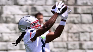 Jun 12, 2024; Foxborough, MA, USA;  New England Patriots wide receiver K.J. Osborn (2) makes a catch at minicamp at Gillette Stadium.  Mandatory Credit: Eric Canha-USA TODAY Sports