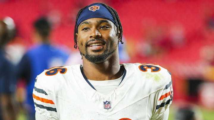 Aug 22, 2024; Kansas City, Missouri, USA; Chicago Bears safety Jonathan Owens (36) leaves the field after defeating the Kansas City Chiefs at GEHA Field at Arrowhead Stadium. 