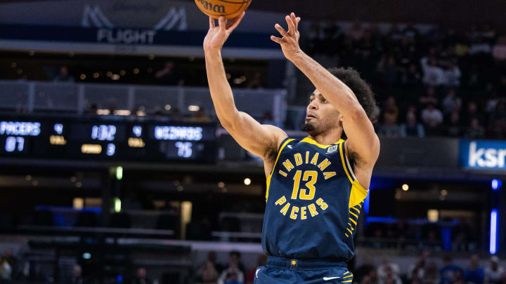 Jan 10, 2024; Indianapolis, Indiana, USA; Indiana Pacers forward Jordan Nwora (13) shoots the ball in the second half against the Washington Wizards at Gainbridge Fieldhouse. Mandatory Credit: Trevor Ruszkowski-USA TODAY Sports