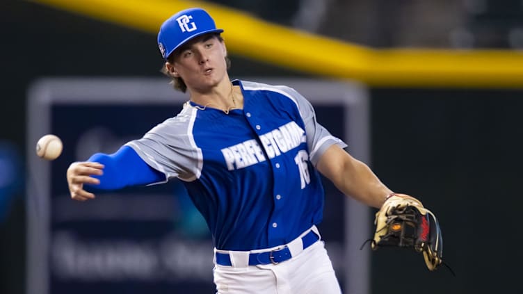 Aug 28, 2022; Phoenix, Arizona, US; East infielder Aidan Miller (16) during the Perfect Game All-American Classic high school baseball game at Chase Field. Mandatory Credit: Mark J. Rebilas-USA TODAY Sports