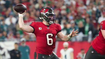 Jan 15, 2024; Tampa, Florida, USA; Tampa Bay Buccaneers quarterback Baker Mayfield (6) throws against the Philadelphia Eagles during the first half of a 2024 NFC wild card game at Raymond James Stadium. Mandatory Credit: Kim Klement Neitzel-USA TODAY Sports