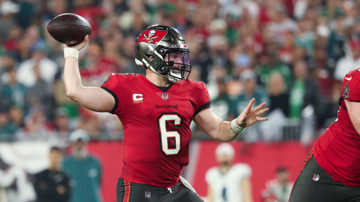 Jan 15, 2024; Tampa, Florida, USA; Tampa Bay Buccaneers quarterback Baker Mayfield (6) throws against the Philadelphia Eagles during the first half of a 2024 NFC wild card game at Raymond James Stadium. Mandatory Credit: Kim Klement Neitzel-USA TODAY Sports