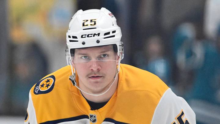 Apr 4, 2026; San Jose, California, USA; Nashville Predators right winger Joakim Kemell looks on before the game against the San Jose Sharks at SAP Center at San Jose. Apr 4, 2026; San Jose, California, USA; Nashville Predators right winger Joakim Kemell looks on before the game against the San Jose Sharks at SAP Center at San Jose.