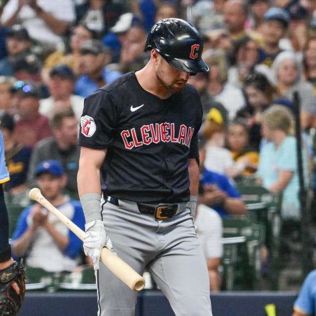 Lane Thomas reacts after striking out 