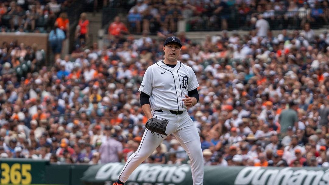 Detroit Tigers starting pitcher Tarik Skubal (29) reacts after throwing a pitch against the Baltimore Orioles at Comerica Park in Detroit on Wednesday, July 29, 2026.