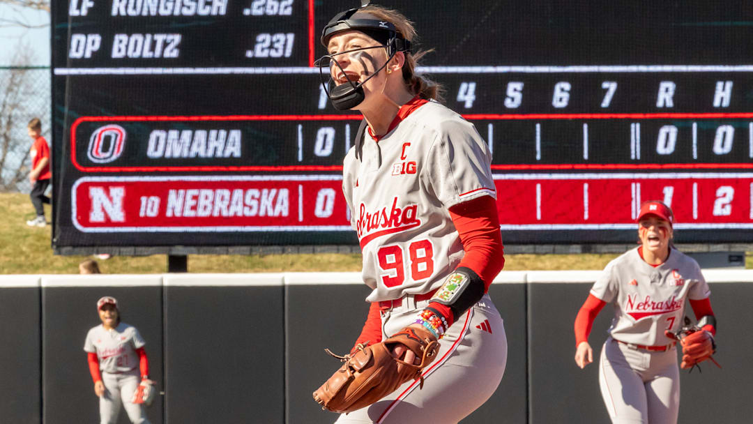 Nebraska pitcher Jordy Frahm celebrates a strikeout against Omaha at Bowlin Stadium.