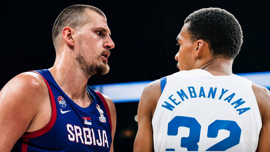 Aug 20, 2026; Belgrade, Serbia; Team Serbia center Nikola Jokić (15) and Team France forward Victor Wembanyama (32) pictured individually during a friendly match at Belgrade Arena in preparation for the FIBA Basketball World Cup 2027 European Qualifiers.