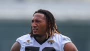 Jul 26, 2024; Jacksonville, FL, USA; Jacksonville Jaguars linebacker Trevis Gipson (50) participates in training camp at Miller Electric Center. Mandatory Credit: Nathan Ray Seebeck-USA TODAY Sports