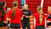 Nebraska volleyball coach Dani Busboom Kelly talks to her team on the first day of fall practices.