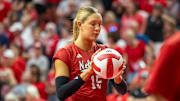 Nebraska middle blocker Andi Jackson heads to the serve line during the Red-White Scrimmage.