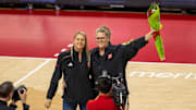 Former Nebraska volleyball players Lisa Reitsma Rautenberg and Stephanie Thater Brown were honored during the Oregon match on Sunday. The pair was part of the 2025 NU Athletics Hall of Fame class.