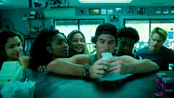 Outer Banks. (L to R) Madison Bailey as Kiara, Carlacia Grant as Cleo, Madelyn Cline as Sarah Cameron, Chase Stokes as John B, Jonathan Daviss as Pope, Rudy Pankow as JJ in episode 401 of Outer Banks. Cr. Courtesy of Netflix © 2024