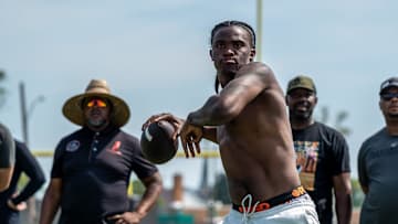 Bryce Underwood, 17, a freshman quarterback at Michigan and the nation’s No. 1 recruit in the 2025 class, participates in a football drill during a private workout in Detroit on Saturday, June 21, 2025.