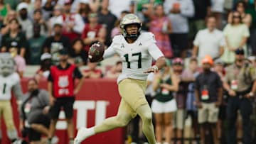 Sep 7, 2024; Tuscaloosa, Alabama, USA; South Florida Bulls quarterback Byrum Brown (17) prepares to throw against the Alabama Crimson Tide during the first quarter at Bryant-Denny Stadium. Mandatory Credit: William McLelland-Imagn Images