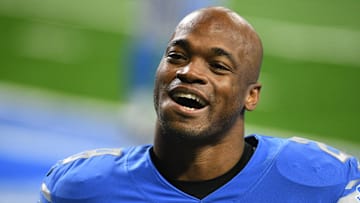 Jan 3, 2021; Detroit, Michigan, USA; Detroit Lions running back Adrian Peterson (28) reacts before the game against the Minnesota Vikings at Ford Field. Mandatory Credit: Tim Fuller-Imagn Images