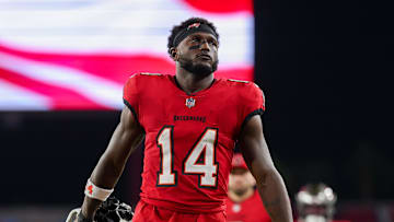 Oct 21, 2024; Tampa, Florida, USA; Tampa Bay Buccaneers wide receiver Chris Godwin (14) looks on before a game against theBaltimore Ravens at Raymond James Stadium. Mandatory Credit: Nathan Ray Seebeck-Imagn Images